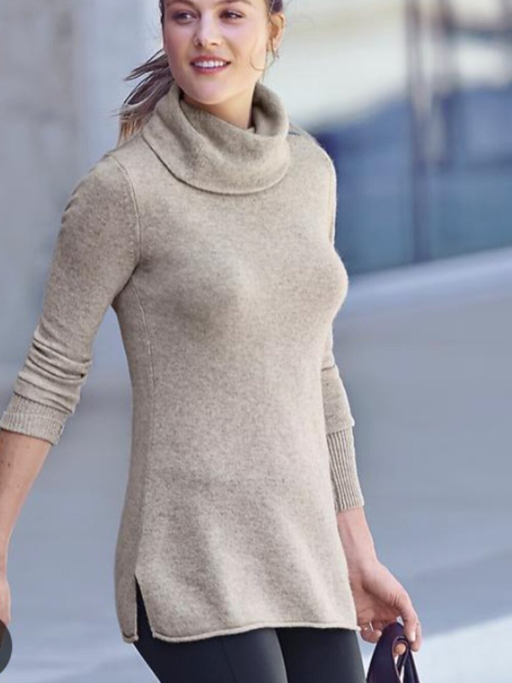NWT- Athleta 100% Cashmere- Surrey- Cowl Neck Tunic Sweater Beige - XL